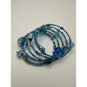 Blue Glass Seed Bead And Art Glass Beaded Wrap Bracelet